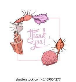 Vector Summer beach seashell tropical elements. Engraved ink art. Frame border ornament square on white background.