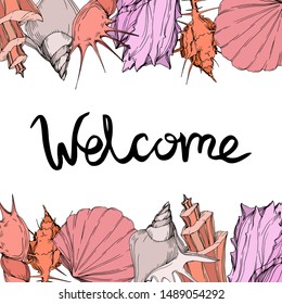 Vector Summer beach seashell tropical elements. Engraved ink art. Frame border ornament square on white background.