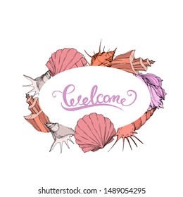 Vector Summer beach seashell tropical elements. Engraved ink art. Frame border ornament square on white background.