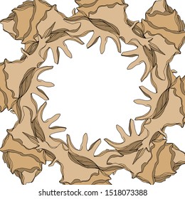 Vector Summer beach seashell tropical elements. Brown beige engraved ink art. Frame border ornament square on white background.