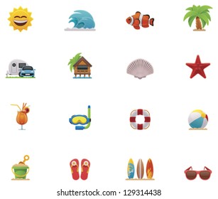 Vector summer beach and seaside recreation activity icon set