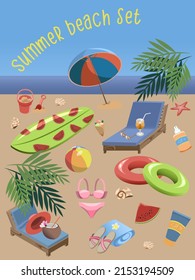 Vector summer beach set. Various items for seaside vacation, all objects are isolated and editable