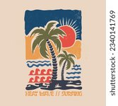 vector summer beach sunset with palm tree, Long beach, summer vibes hand draw, summer  slogan with beach illustration, Hawaii, Aloha surf typography for t-shirt print , beach vector print,