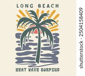 vector summer beach sunset with palm tree, Long beach, summer vibes hand draw, summer slogan with beach illustration, Hawaii, Aloha surf typography for t-shirt print , beach vector print,
