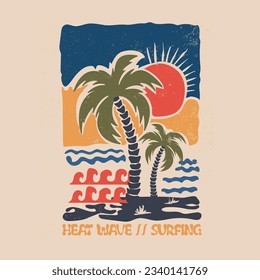 vector summer beach sunset with palm tree, Long beach, summer vibes hand draw, summer  slogan with beach illustration, Hawaii, Aloha surf typography for t-shirt print , beach vector print,