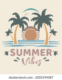 vector summer beach sunset with palm tree, Long beach, summer vibes hand draw,  Beach wave t-shirt prints and other uses. vector illustration print design, sunshine beach artwork, summer good vibes.