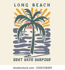 Vector verano playa puesta de sol con palmera, playa larga, vibraciones de verano dibujar a mano, eslogan de verano con ilustración de playa, Hawaii, Aloha surf tipografía para impresión de camiseta, impresión de Vector de playa,
