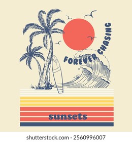 vector summer beach sunset with palm tree, Long beach, summer vibes hand draw, summer slogan with beach illustration, Hawaii, Aloha surf typography for t-