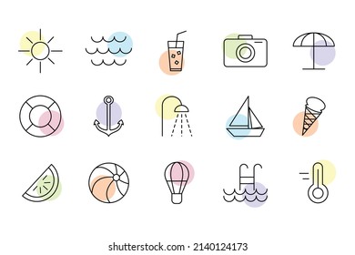 Vector summer beach travel holiday icons collection on white background with colorful spots. Set of summer beach icons with thin line