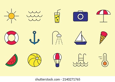 Vector summer beach travel holiday colorful icons collection on color background. Set of summer beach icons with thin line in color