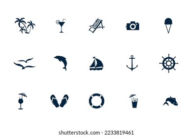 Vector summer beach travel holiday icons collection on white background. Set of summer icons in blue color