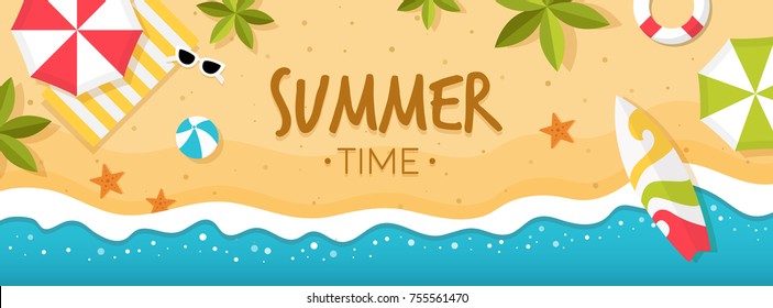 Vector Summer Beach With Beach Umbrellas, Waves, Coconut Tree And Surfing Board