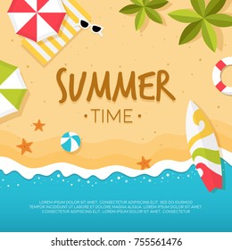 Vector summer beach with beach umbrellas, waves, coconut tree and surfing board