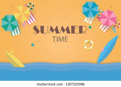 Vector summer beach with beach umbrellas,balls swim ring, surfboard, sandals and beach summer background