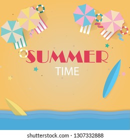 Vector summer beach with beach umbrellas,balls swim ring, surfboard, sandals and beach summer background