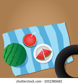 Vector summer beach, water melon, swim rings top view