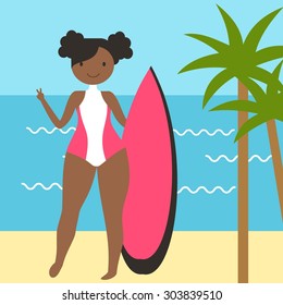 Vector summer beautiful fat surfer girl in swimsuit with surfboard.
