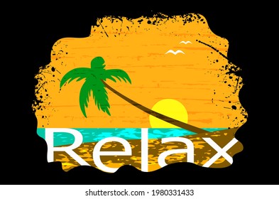 Vector summer beauty landscape with palm tree, sea, beach, sun and flying birds. Wallpaper with tropical vacation and grange texture.