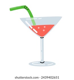 Vector summer beverage glass with straw and drink cocktail isolated. Vector illustration can used for label. banner, flyer, cards. 