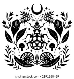 Vector summer black and white illustration with beetle flowers, moon, snail, mushrooms. Symmetry folk art style drawing. Isolated on background.