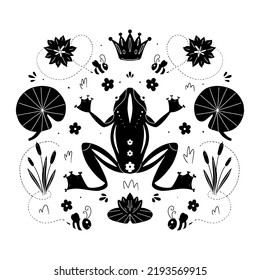 Vector summer black and white illustration with frog in the lake, bees, reeds, crown, water lily. Symmetry folk art style drawing. Isolated on white background.