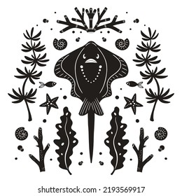 Vector summer black and white illustration with stingray, seaweed, sea shell, corals. Underwater, marine life. Symmetry folk art style drawing. Isolated on background.