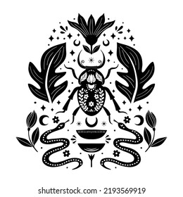 Vector summer black and white illustration with horned beetle, snake, flower, moon.  Symmetry folk art style drawing. Isolated on background.