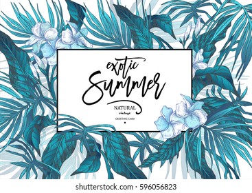 Vector Summer Blue Natural Vintage Exotic Greeting Card  with Tropical Leaves, Botanical illustration on white background.