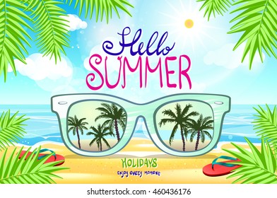 Vector summer blurred beach, with sunglasses, background illustration vector art