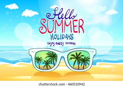 Vector summer blurred beach, with sunglasses, background illustration art