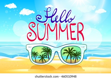 Vector summer blurred beach, with sunglasses, background illustration art