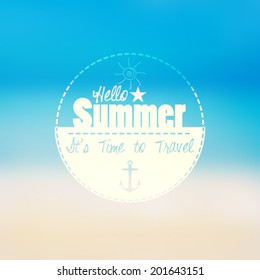 Vector summer blurred beach, with travel text design, background illustration