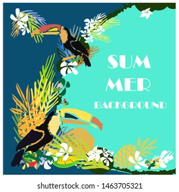 Vector Summer bright tropical backgrounds with fruits, palms, flamingo, toucans.