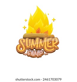 Vector campamento de verano logo de dibujos animados con fogata aislado sobre fondo blanco. Volante funky vintage del campamento de verano, etiqueta divertida y Plantilla de diseño de póster con chimenea y texto del campamento de verano