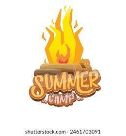 vector summer camp cartoon logo with campfire isolated on white background. Summer camp vintage funky flyer, funny label and poster design template with fireplace and summer camp text