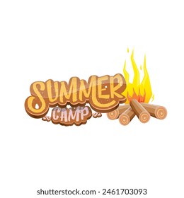 vector summer camp cartoon logo with campfire isolated on white background. Summer camp vintage funky flyer, funny label and poster design template with fireplace and summer camp text
