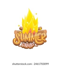 vector summer camp cartoon logo with campfire isolated on white background. Summer camp vintage funky flyer, funny label and poster design template with fireplace and summer camp text