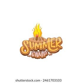 vector summer camp cartoon logo with campfire isolated on white background. Summer camp vintage funky flyer, funny label and poster design template with fireplace and summer camp text