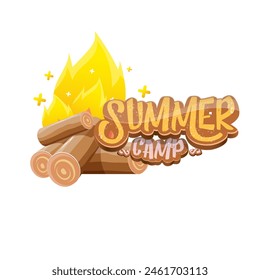 vector summer camp cartoon logo with campfire isolated on white background. Summer camp vintage funky flyer, funny label and poster design template with fireplace and summer camp text