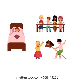 vector summer camp kids set. Caucasian and african Girls and boys eating porridge, fruits vegetables at table playing at stage, sleeping in bad with rabbit toy. Isolated illustration white background
