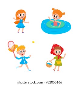 vector summer camp kids set. Caucasian girls swimming in water in river or pool with inflatable ring, playing at stage in headscarf, dancing, playing badminton . Isolated illustration white background
