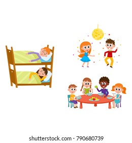 vector summer camp kids set. Caucasian, african Girls, boys eating porridge, fruits vegetables at table, sleeping in bunk bed, dancing at party under disco ball. Isolated illustration white background