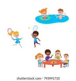 vector summer camp kids set. Caucasian and african Girls and boys eating porridge, fruits vegetables at table, swimming in water, playing badminton. Isolated illustration white background