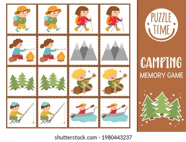 Vector summer camp memory game cards with cute hiking kids and nature. Camping matching activity. Remember and find correct card. Simple wildlife printable worksheet for kids. 


