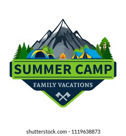 Vector summer camp and outdoor recreation logo. Tourism, hiking and campground badge.