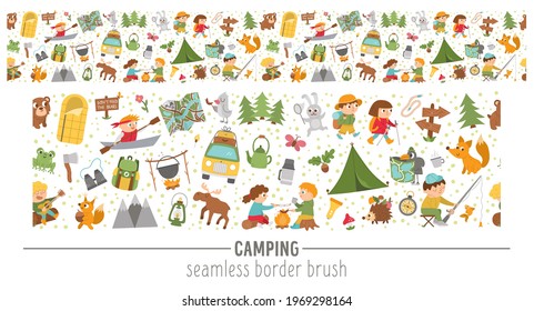 Vector summer camp seamless pattern brush. Camping, hiking, fishing equipment horizontal border with cute kids and forest animals. Outdoor nature tourism repeat background 

