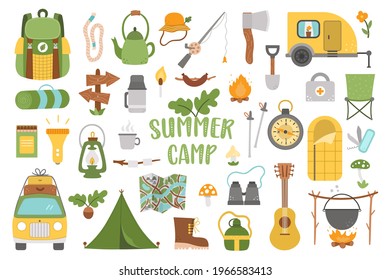 Vector summer camp set. Camping, hiking, fishing equipment collection. Outdoor nature tourism icons pack with backpack, van, rod, clothes, fire place, sleeping bag. Forest travel elements 
