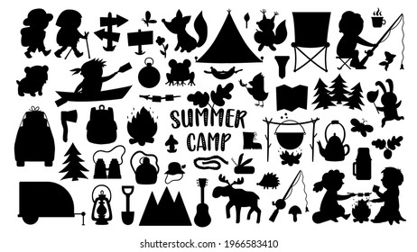 Vector summer camp silhouettes set. Camping, hiking, fishing equipment black and white collection with cute kids and forest animals. Outdoor nature tourism stamps pack with backpack, van, fire
