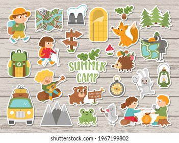 Vector summer camp stickers set. Camping, hiking, fishing equipment patches collection with cute kids and forest animals on wooden background. Outdoor nature tourism patches pack 

