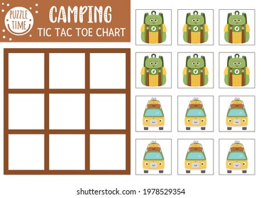 Vector summer camp tic tac toe chart with cute camping equipment. Woodland board game playing field with kawaii backpack, van. Funny printable worksheet. Camping noughts and crosses grid 


